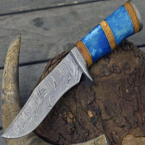 Lightbane Damascus Big Game Hunting Knife with Bone, Olive Wood Handle & Sheath - TRAPSKI