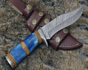 Lightbane Damascus Big Game Hunting Knife with Bone, Olive Wood Handle & Sheath - TRAPSKI