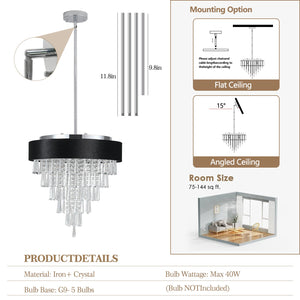 18-Inch Modern Crystal Chandelier with Black Velvet Shade - Transparent