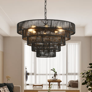 24" Rustic 5-Tier Pendant Light Chandelier with 8 E12 Sockets - Black