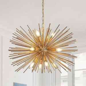 Gold 12-Light Mid-Century Modern Starburst Chandelier with Adjustable Chain