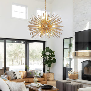 Gold 12-Light Mid-Century Modern Starburst Chandelier with Adjustable Chain