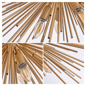 Gold 12-Light Mid-Century Modern Starburst Chandelier with Adjustable Chain