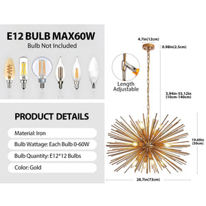 Gold 12-Light Mid-Century Modern Starburst Chandelier with Adjustable Chain