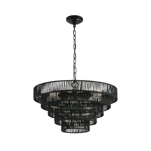 Rustic 5-Tier Hemp Rope Chandelier with 8 Lights - Black
