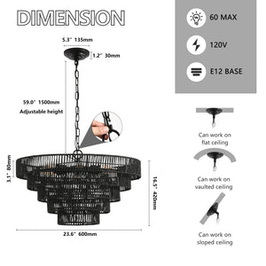 Rustic 5-Tier Hemp Rope Chandelier with 8 Lights - Black