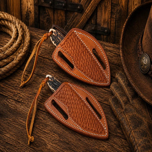 Longhorn Legacy Buckaroo Knife Set – Damascus Steel, Antler Wood Handle & Cross Draw Pancake Sheath