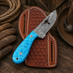 Longhorn Ranch Field Knife – Damascus Blade Turquoise Handle with Belt Sheath