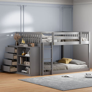 Bunk Bed With 4 Drawers and 3 Shelves - Solid Pine Wood