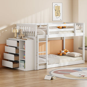 Bunk Bed With 4 Drawers and 3 Shelves - Solid Pine Wood