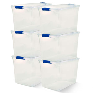 Homz 112 Qt Clear Plastic Stackable Storage Containers with Latch Lid, 6 Pack