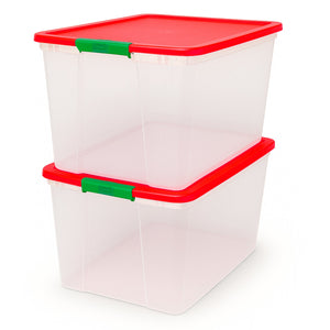 Homz 64 Qt Secure Latch Clear Plastic Storage Container Bin w/ Red Lid, 2 Pack