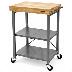 Origami Foldable Wheeled Portable Solid Wood Top Kitchen Island Bar Cart, Silver