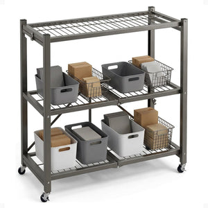 Origami R3 Foldable 3-Tiered Shelf Storage Rack & Wheels, Pewter (6 Pack)