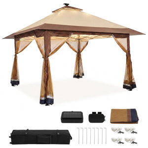 Suntime 12x12 Instant Pop Up Gazebo Solar Light Screen Canopy Tent Cover, Brown