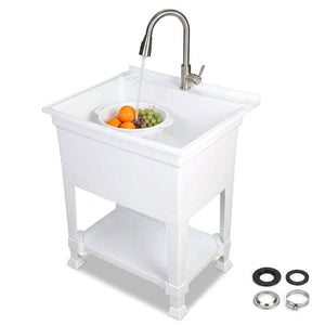 UTILITYSINKS Plastic 30” Freestanding Utility Tub Sink with Pull Faucet, White