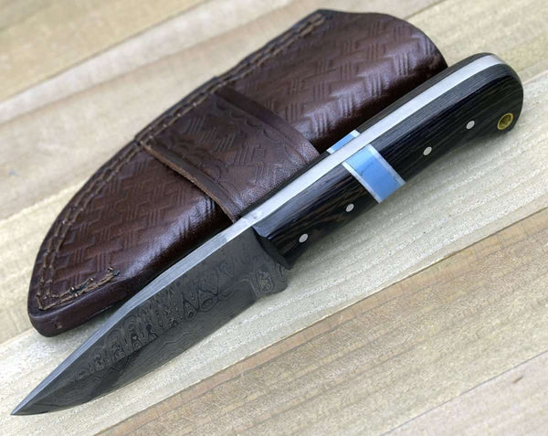 Mangler Damascus Skinnig Knife with Exotic Wenge Wood & Turquoise Handle