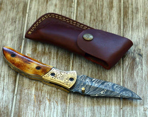 Marshal Damascus Folding Knife with Charred Bone Handle - TRAPSKI