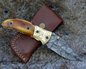 Marshal Damascus Folding Knife with Charred Bone Handle - TRAPSKI