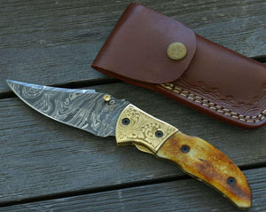 Marshal Damascus Folding Knife with Charred Bone Handle - TRAPSKI