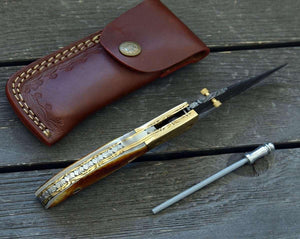 Marshal Damascus Folding Knife with Charred Bone Handle - TRAPSKI