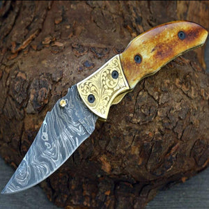 Marshal Damascus Folding Knife with Charred Bone Handle - TRAPSKI