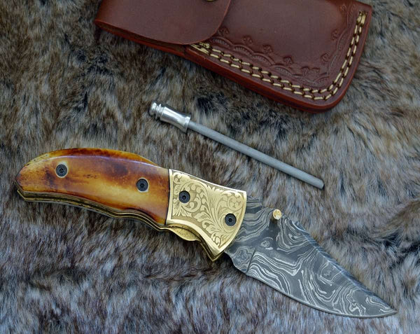 Marshal Damascus Folding Knife with Charred Bone Handle