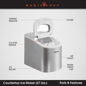Magic Chef MCIM22SV Portable Countertop Ice Maker, 27 Pounds Per Day, Silver