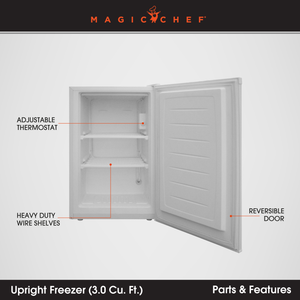 Magic Chef MCUF3W2 3 Cubic Ft Deep Small Mini Adjustable Upright Freezer, White