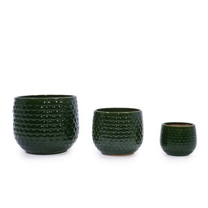 Dark Green Ceramic Planter Set with Drainage Hole – 3 Pieces