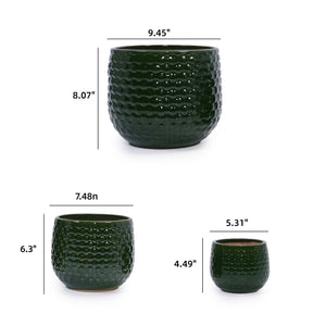 Dark Green Ceramic Planter Set with Drainage Hole – 3 Pieces