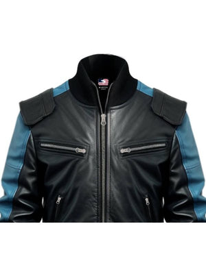 Men Bomber Leather Jacket - Blue Black Bomber Jacket
