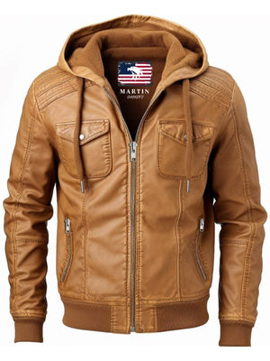 Men’s Classic Swiss Light Brown Hooded Leather Jacket