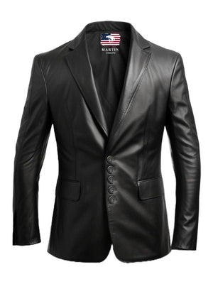 Men Five Button Black Leather Blazer