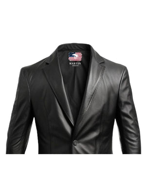 Men Five Button Black Leather Blazer