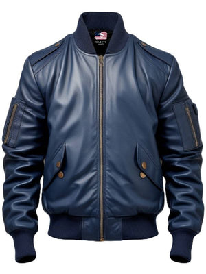 Men Flight Bomber Blue Leather Jacket – Bomber Leather Jacket