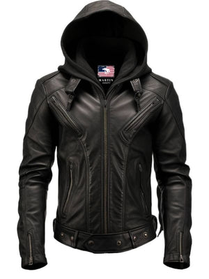 Men’s Hooded Black Leather Jacket