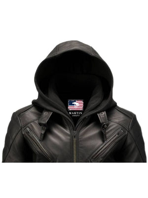 Men’s Hooded Black Leather Jacket