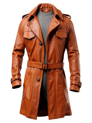 Men's Tan Leather Trench Coat with Belt & Chest Pockets
