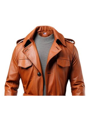 Men's Tan Leather Trench Coat with Belt & Chest Pockets