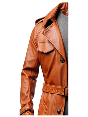 Men's Tan Leather Trench Coat with Belt & Chest Pockets