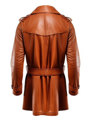 Men's Tan Leather Trench Coat with Belt & Chest Pockets