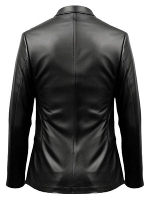 Men One Button Black Leather Blazer