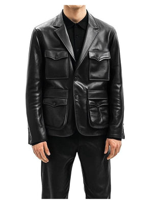 Men's Black Leather Blazer with Four Flap Pockets