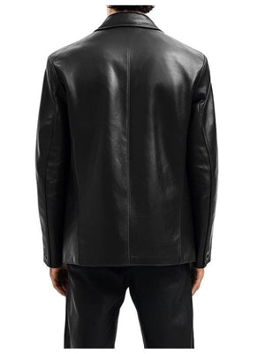 Men's Black Leather Blazer with Four Flap Pockets