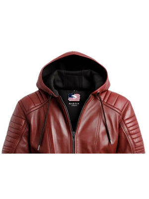 Men Red hooded Leather Biker Jacket