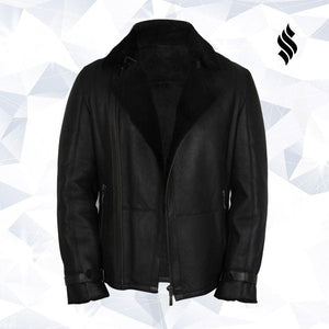 Mens Luxury Aviator Black Leather Shearling Sheepskin Flying Coat
