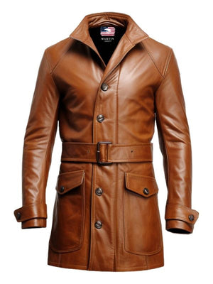 Men's Vintage Tan Leather Trench Coat with Big Pockets