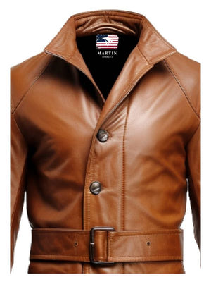 Men's Vintage Tan Leather Trench Coat with Big Pockets