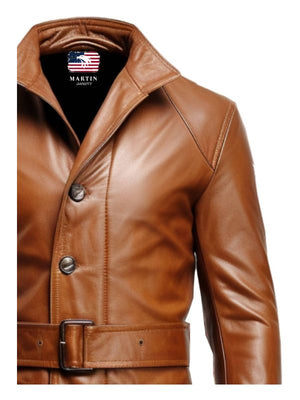 Men's Vintage Tan Leather Trench Coat with Big Pockets